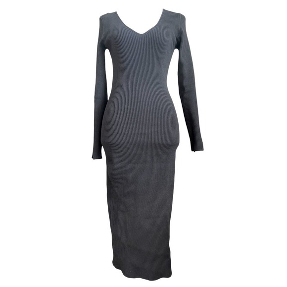 Jonathan Simkhai V-Neck Ribbed Stretchy Black Midi Dress Long Sleeve Cocktail - Picture 12 of 16